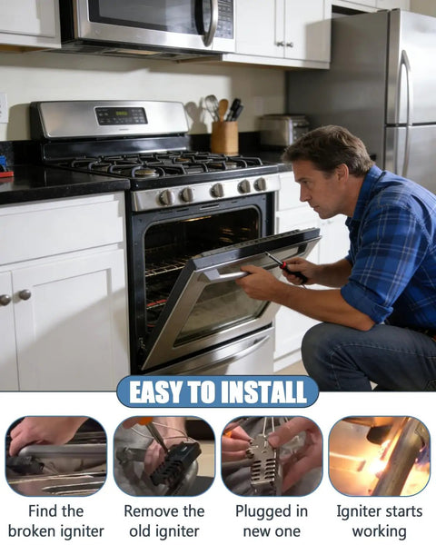 Man installing WB13K21 Gas Oven Igniter Replacement Gets Your Oven Heating Fast Silicon Carbide Igniter in kitchen gas oven