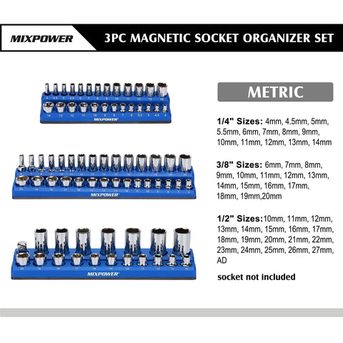 Magnetic Socket Organizer Tray Set For One Quarter, Three Eighths, And One Half Inch Drive Sockets, 75 Slot Capacity, metric sizes chart