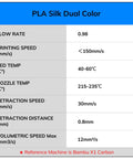 AMOLEN PLA Silk Dual Color 1.75 mm filament bundle spec card; 4 spools, 200 g each.