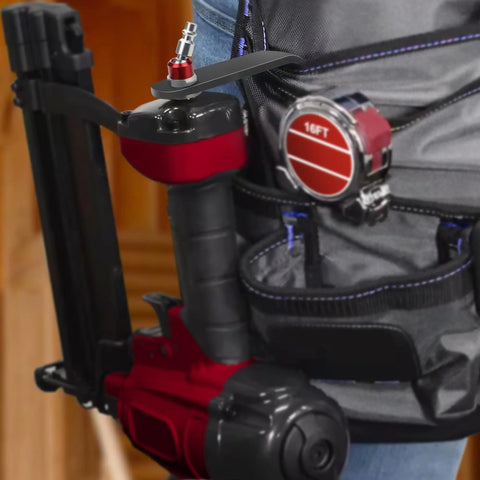 Four Inch L Shaped Pneumatic Tool Rafter Hook Hanger With One Quarter Inch Swivel Fittings Keeps Tools Off The Ground And Hands Free On The Jobsite For Nailer Hammer And Blow Gun With Adapter Two Pack. Red L-shaped pneumatic tool hanger attached to a tool belt with 1/4 in swivel fitting