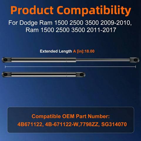 Hood Strut Lift Support For Dodge Ram 1500 2500 3500 2009 2010 2011 2020 Pack Of 2, 18-inch length, compatibility display