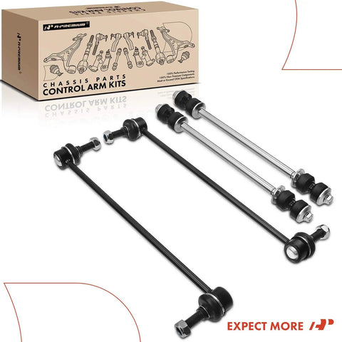 Four Piece Front And Rear Sway Bar Links Kit Stabilizer Links For Chevy Traverse 2009-2017 GMC Acadia 2007-2016 Buick Enclave 2008-2017 Saturn Outlook 2007-2010 showing kit components and box