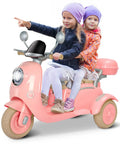 12V Dual Motor Ride On Motorcycle For Kids With Two Seats Pink Electric Moped For Indoor Outdoor Adventures Flip Up Rear Seat One Hour Run Time Easy Start For Little Riders, two girls riding