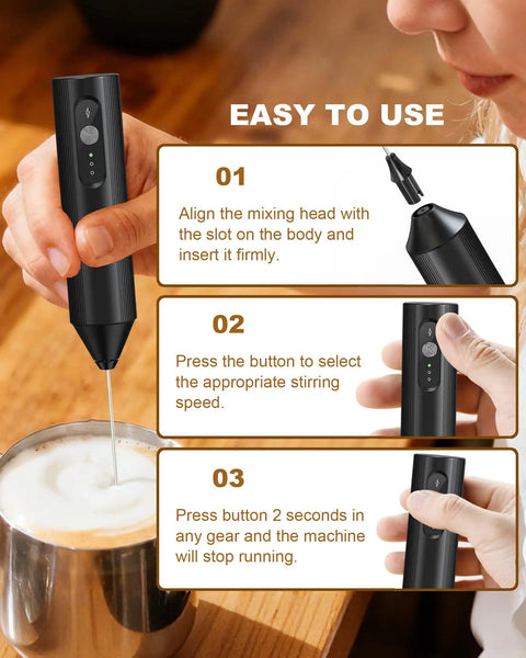 Soenglyun 3 Speed Rechargeable Milk Frother Handheld Press With Travel Cover showing usage instructions and speed settings.