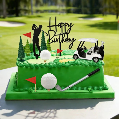 Straight Fire Golf Theme Cake Topper Set For Birthday Parties Featuring Mini Cart Clubs Ball Green Tree And Red Flag Cupcake Toppers To Knock It Out Of The Park At Your Dessert Table Bash.