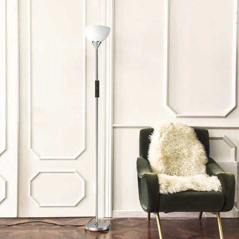 Torchiere Floor Lamp With Remote Control And 4 Color Temperatures, Brushed Nickel Standing Lamp beside green armchair