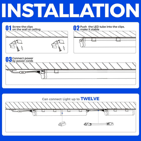Installation guide for UV LED Blacklight Bar 9W 2Ft T5 Integrated Fixture, showing steps to connect up to 12 fixtures.