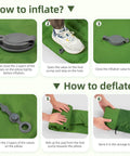 Step-by-step guide to inflate and deflate 5 Inch Thick Camping Sleeping Pad With Built In Pillow And Foot Pump, 79 By 28 Inch