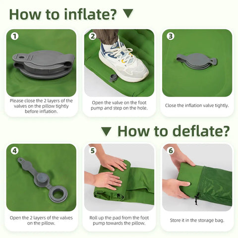 Step-by-step guide to inflate and deflate 5 Inch Thick Camping Sleeping Pad With Built In Pillow And Foot Pump, 79 By 28 Inch