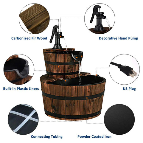 2 Tier Barrel Waterfall Outdoor Fountain With Electric Pump Rustic Wood Water Feature showing fir wood, iron hoop, electric parts