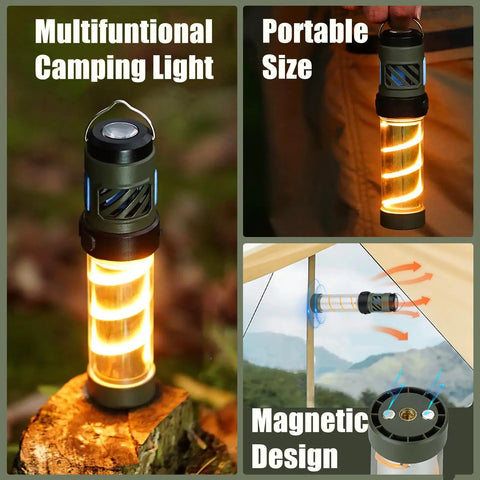 Portable LED Lantern And Flashlight Combo With Dual Heating Magnetic Mount and tripod-ready design for camping use displayed outdoors.