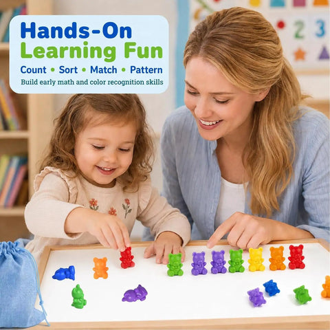 Awesome Rainbow Counting Bears Set Of 100 Bright Plastic Sorting Toys For Toddlers on tray with child and adult.