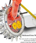 Close-up of Adjustable Garden Seed Spreader Cart mechanism with thickened iron mouth and yellow durable seed distributor.
