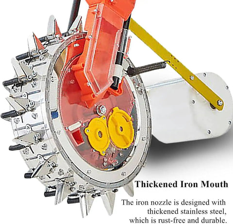 Close-up of Adjustable Garden Seed Spreader Cart mechanism with thickened iron mouth and yellow durable seed distributor.