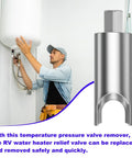 Universal RV water heater pressure-relief valve remover tool; metallic finish, fits 7/8-inch wrench.