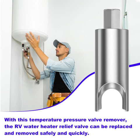 Universal RV water heater pressure-relief valve remover tool; metallic finish, fits 7/8-inch wrench.