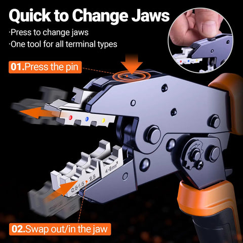 Ultimate Preciva Crimping Tool Kit Featuring Quick-Change 6-Jaw System, Heavy Duty Wire Stripper, Plus 285 Premium Terminals For Heat Shrink Insulated And Solar Connectors In Auto Or Home Jobs, close-up jaw change