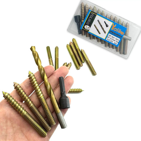 Heavy Duty Hanger Bolts Kit With Alloy Driver And HSS Twist Drill Included, 12 Pack Self Tapping Wood Fasteners shown in hand