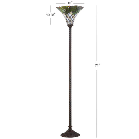 Bronze Botanical Tiffany-Style 71-Inch Torchiere Floor Lamp With Dope Handcrafted Stained Glass Bowl Shade, Traditional Iron Standing Lamp For Living Room, Energy-Saving LED Bulb Included, ETL Listed.