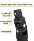 Universal Joint Impact Socket Set Three Piece With One Quarter Inch Drive, Three Eighths Inch Drive, And One Half Inch Drive, Heavy Duty Swivel Sockets In High Strength Steel For Auto, DIYers And Mechanical Jobs, Perfect For Manual Or Low Speed Power, black phosphated universal joint with spring-loaded locking ball