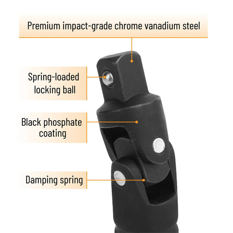 Universal Joint Impact Socket Set Three Piece With One Quarter Inch Drive, Three Eighths Inch Drive, And One Half Inch Drive, Heavy Duty Swivel Sockets In High Strength Steel For Auto, DIYers And Mechanical Jobs, Perfect For Manual Or Low Speed Power, black phosphated universal joint with spring-loaded locking ball