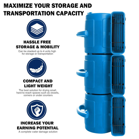 Stacked High Velocity Air Mover Blower Fans showing compact design and features like hassle-free storage and mobility.