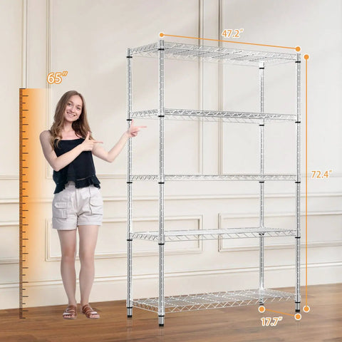 Five Tier Heavy Duty Wire Shelving Unit Adjustable Metal Storage Rack Tough As Nails Handles Massive 1750 Pound Loads with dimensions.