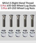 5 Pack Beefed-Up M12x1.5 Wheel Lug Studs And Lug Nuts Kit For Hyundai Veloster Santa Fe Elantra Sonata And Kia Forte Niro Soul Optima Rio Replacement Wheel Hardware, showing 5 studs and 5 nuts