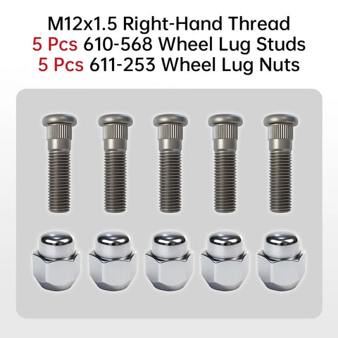 5 Pack Beefed-Up M12x1.5 Wheel Lug Studs And Lug Nuts Kit For Hyundai Veloster Santa Fe Elantra Sonata And Kia Forte Niro Soul Optima Rio Replacement Wheel Hardware, showing 5 studs and 5 nuts