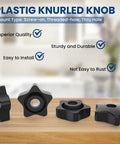 Heavy Duty 5/16 18 Thread Star Knobs Rock Solid Grip No Sweat Hand Tightening Clamping Screws Pro Grade Nylon And Galvanized Steel Body Quick Install For Machine Shop Gear showing four star knobs on a wooden surface.