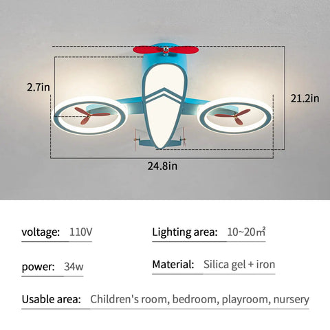Airplane Themed Kids Ceiling Light 24.8 Inch LED Flush Mount For Bedroom Nursery And Playroom, 34W 4000K Daylight White Energy Saving Lamp Your Kids Will Think Is So Cool, Easy Install Ceiling Fixture showing dimensions and material details