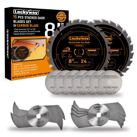 8 Inch Stacked Dado Blade Set For 10 Inch Table Saw With 5/8 Inch Arbor, Ultra Sharp Tungsten Carbide Tipped Teeth, 15-piece kit