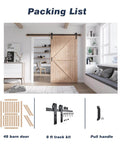 48 Inch By 80 Inch Sliding Wood Barn Door With 8 Foot Hardware Kit Included, K Shape Solid Spruce Panel, shown installed in living room.