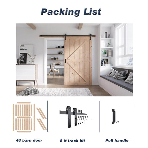 48 Inch By 80 Inch Sliding Wood Barn Door With 8 Foot Hardware Kit Included, K Shape Solid Spruce Panel, shown installed in living room.