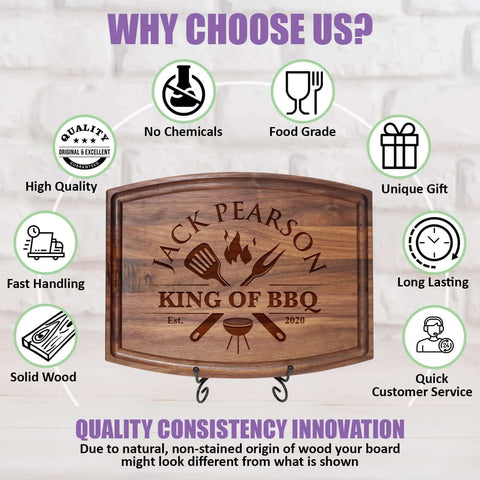 Engraved wooden cutting board with Jack Pearson King of BBQ and grilling tools motif; solid wood