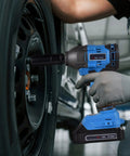 Top Tier HLFuBynox 45 Piece Metric Impact Socket Kit 1/2 Inch Drive With Deep Shallow Sockets Extension And Universal Joint Reducer For Auto Garage Tire Repair Jobs Under The Hood, blue impact wrench on wheel