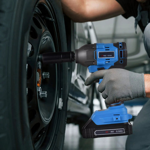 Top Tier HLFuBynox 45 Piece Metric Impact Socket Kit 1/2 Inch Drive With Deep Shallow Sockets Extension And Universal Joint Reducer For Auto Garage Tire Repair Jobs Under The Hood, blue impact wrench on wheel