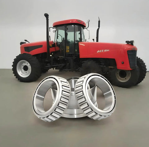Two Pack 09067 09195 Tapered Roller Bearings Set, 19.05mm Bore, 49.23mm OD in front of a red tractor for machinery replacement