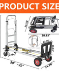 2-In-1 Convertible Aluminum Hand Truck And Platform Dolly 700 Lb Capacity, folded and open with dimensions shown