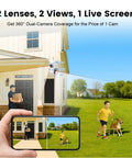 Dual-Lens Wireless Outdoor Home Security Camera System Four Camera Kit With 360 Degree Coverage installed on a house corner.
