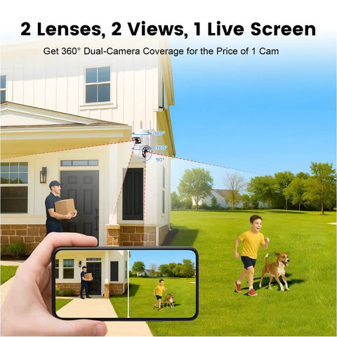 Dual-Lens Wireless Outdoor Home Security Camera System Four Camera Kit With 360 Degree Coverage installed on a house corner.