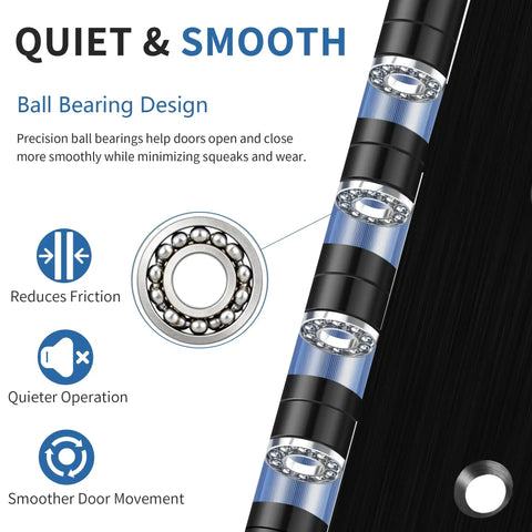 Top Notch Four Inch Ball Bearing Door Hinges In Deep Matte Black With Full Fastener Kit For Buttery Smooth Heavy Duty Exterior Gate And Fence Swing Install Featuring Rounded Or Square Corner Styles Built Tough For Reliable Daily Use, showing ball bearing design for quieter operation.