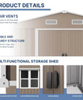 Product details of spacious 10x8 foot outdoor storage shed with window and lockable doors, showcasing air vents and door handle.