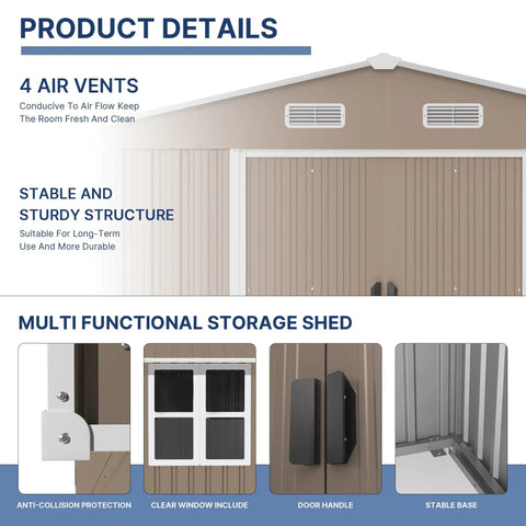 Product details of spacious 10x8 foot outdoor storage shed with window and lockable doors, showcasing air vents and door handle.