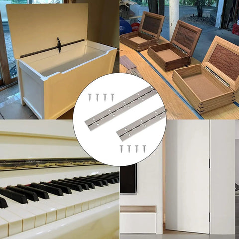Heavy Duty 12 Inch Continuous Piano Hinge With Pre Drilled Holes Stainless Steel Cabinet Hardware on storage box and tools.