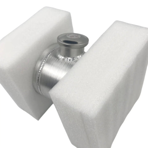 Close-up of Aluminum 1 Gallon Gas Tank For Mini Bike And Go Kart With 6x10 Inch Center Fill showcasing filling port and foam packaging