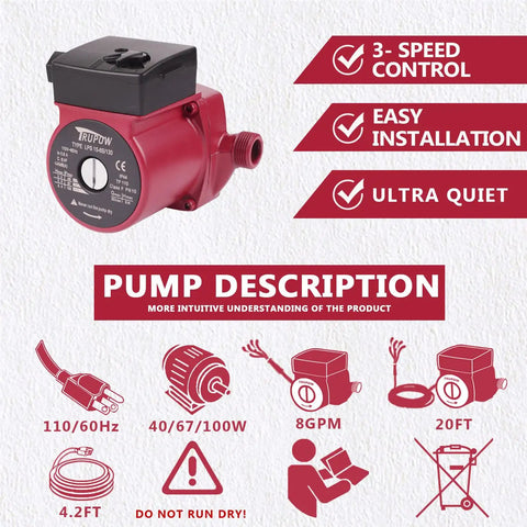 Hot Water Circulation Pump 110V 3 Speed 3/4 Inch NPT, Quiet Home Circulator For Heating, red pump with installation icons