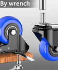 Tough As Nails Heavy Duty Caster Wheels 2 Inch Swivel Type Featuring 800 Pound Capacity And Smooth Rolling Performance For Utility Carts Plus Furniture Upgrades Set Of 4 Noiseless Threaded Stem Casters with blue wheels and wrench.