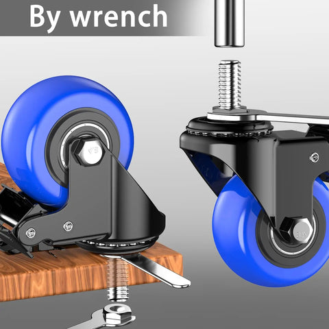Tough As Nails Heavy Duty Caster Wheels 2 Inch Swivel Type Featuring 800 Pound Capacity And Smooth Rolling Performance For Utility Carts Plus Furniture Upgrades Set Of 4 Noiseless Threaded Stem Casters with blue wheels and wrench.