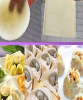 Automatic Dumpling Skin Maker 140W Electric Dough Processor with circular dumpling skins and prepared dumplings on plates.